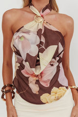 Wisteria Cowl Halterneck Top Floral Brown