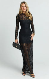 Andrea Maxi Dress - Lace High Neck Long Sleeve Dress in Black