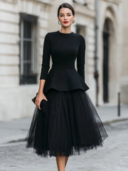Structured Peplum Top and Layered Midi Skirt Set