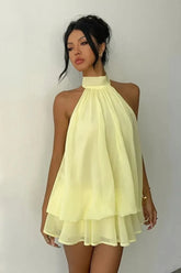 Sexy Backless Halter Tie Waist Slim Fit Ruffled Mini Dress