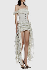 Juricn Halter Corset Ruffle Fringe Mini Dress - Beige