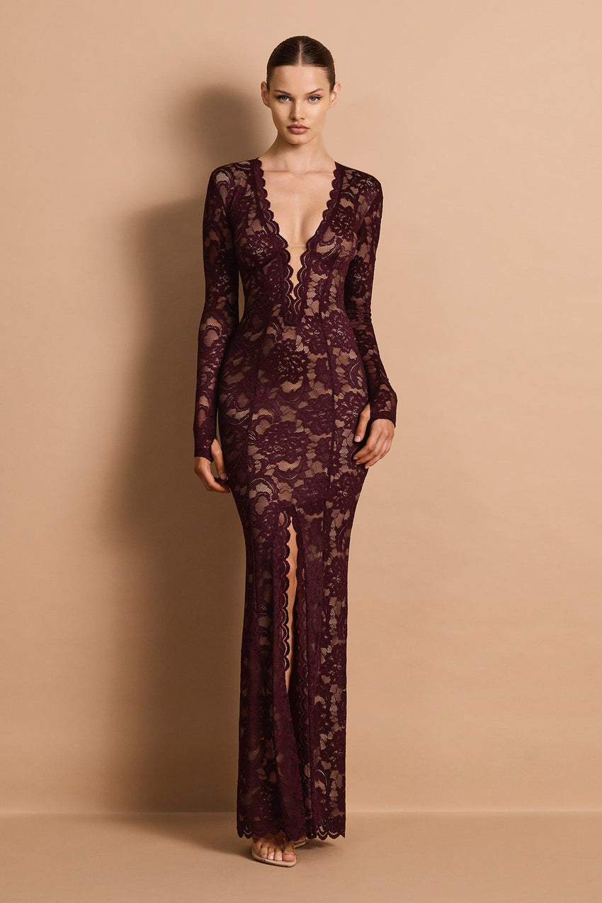 Nookie Delphine LS Lace Gown - Wine