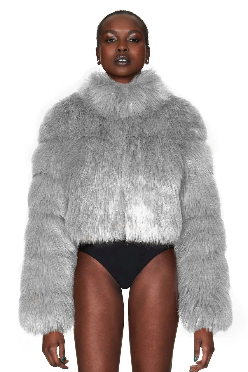 Nookie Tatiana Faux Fur Crop Jacket - Grey