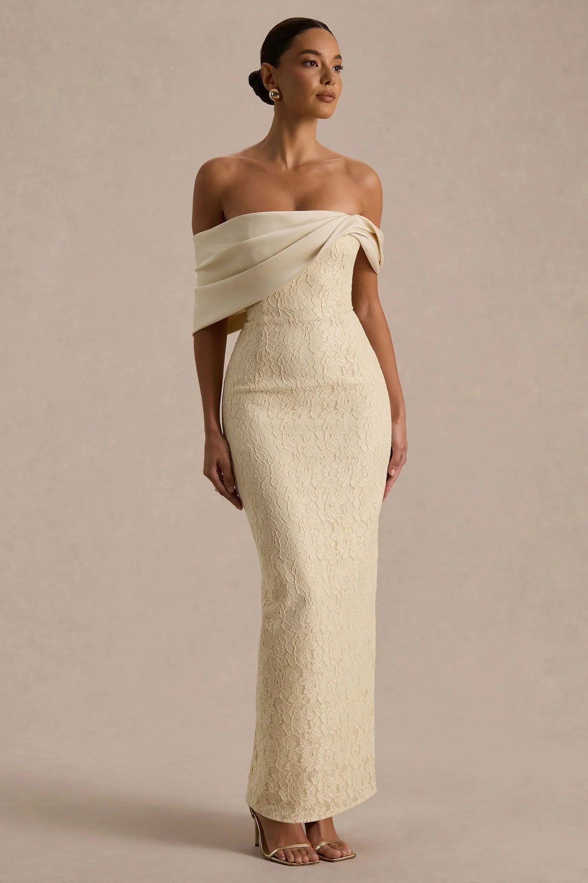 Solora | Cream Lace Twisted Bardot-Neck Maxi Dress